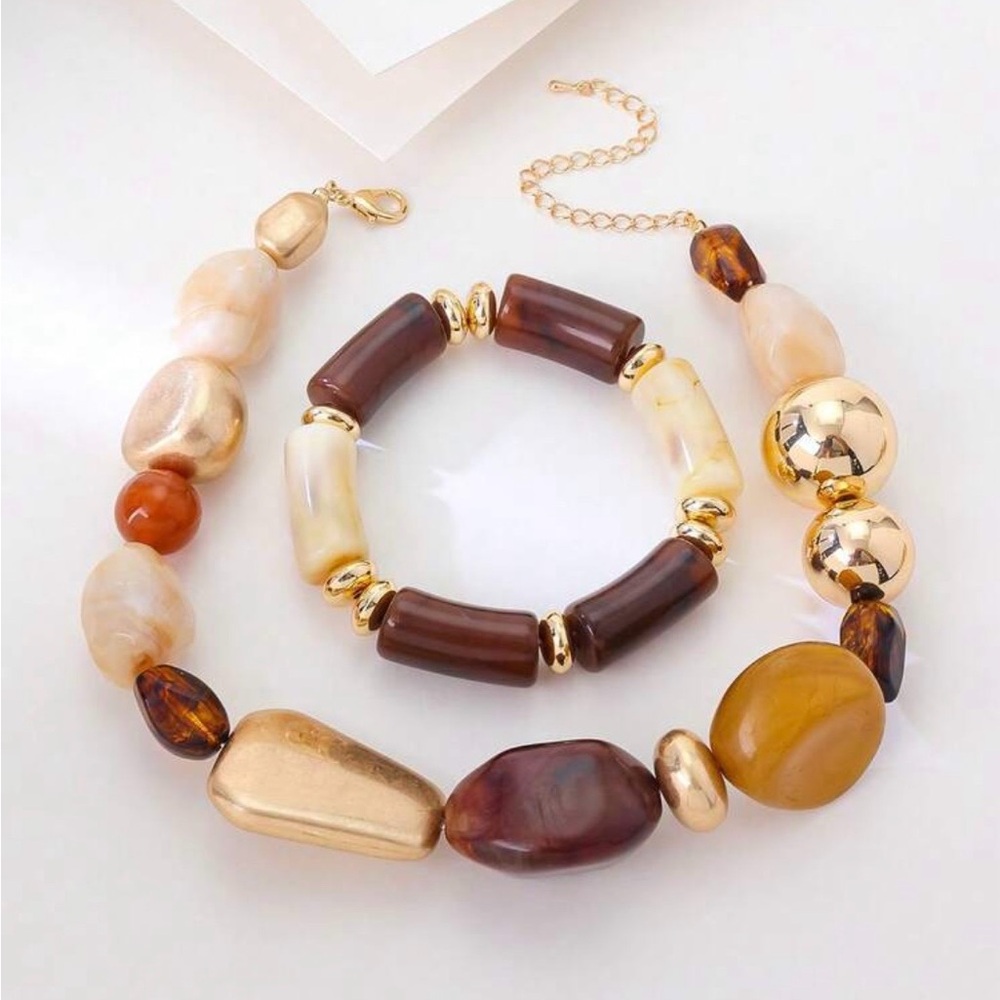 Boho Brown & Gold Beaded Necklace and Bracelet Set - Picture 3 of 4